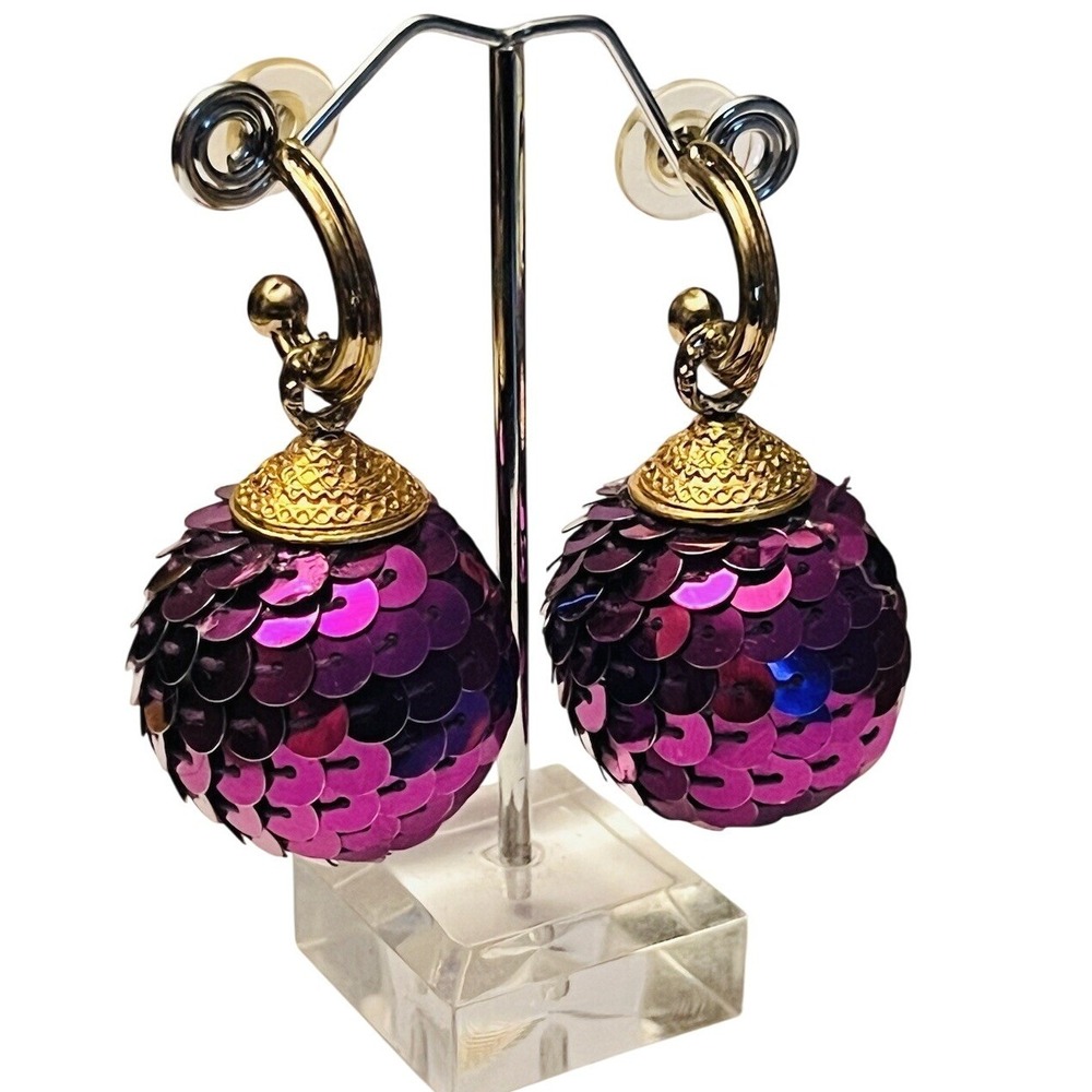 1960s chunky Earrings VTG Chunky dangle Statement Pierced Party Metallic Purple